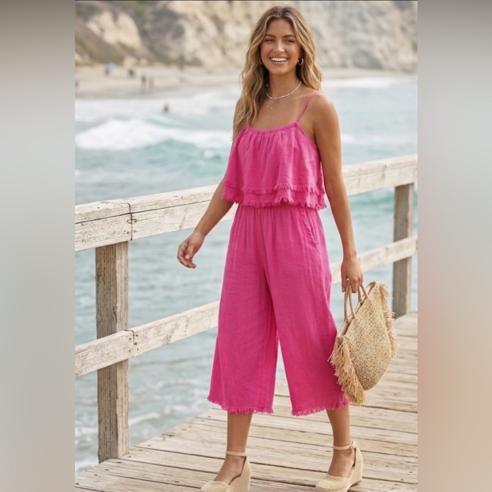 Umgee Boho Fringed Linen-Blend Wide Leg Jumpsuit Size L